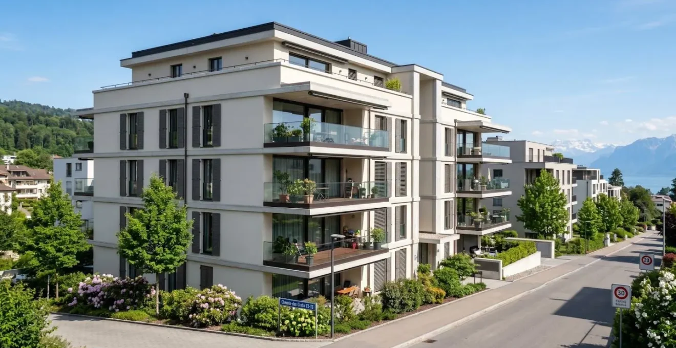 Vue extérieure d'un immeuble résidentiel moderne en Suisse romande, avec une façade contemporaine claire, des volets et des balcons, photographié en plein jour sous un ciel lumineux