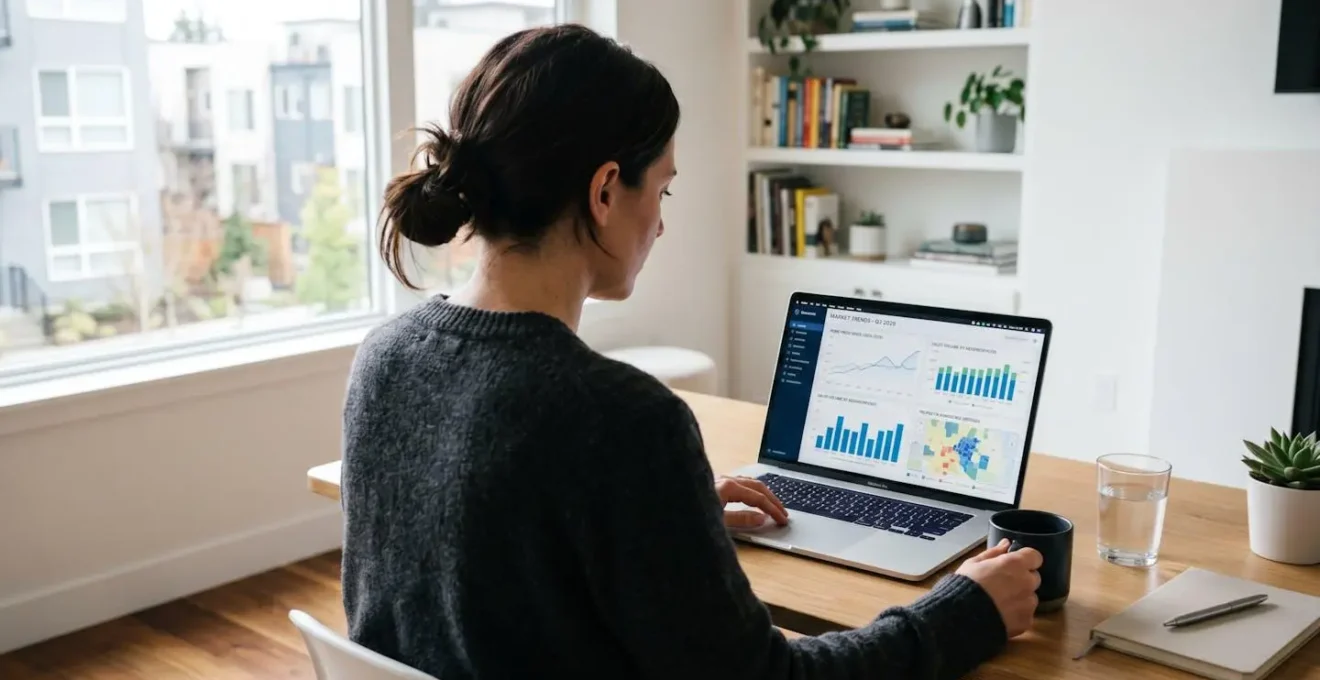 Vue de dos d'une personne assise à un bureau dans un intérieur domestique moderne, consultant des résultats d'estimation immobilière sur un ordinateur portable, avec lumière naturelle venant d'une fenêtre