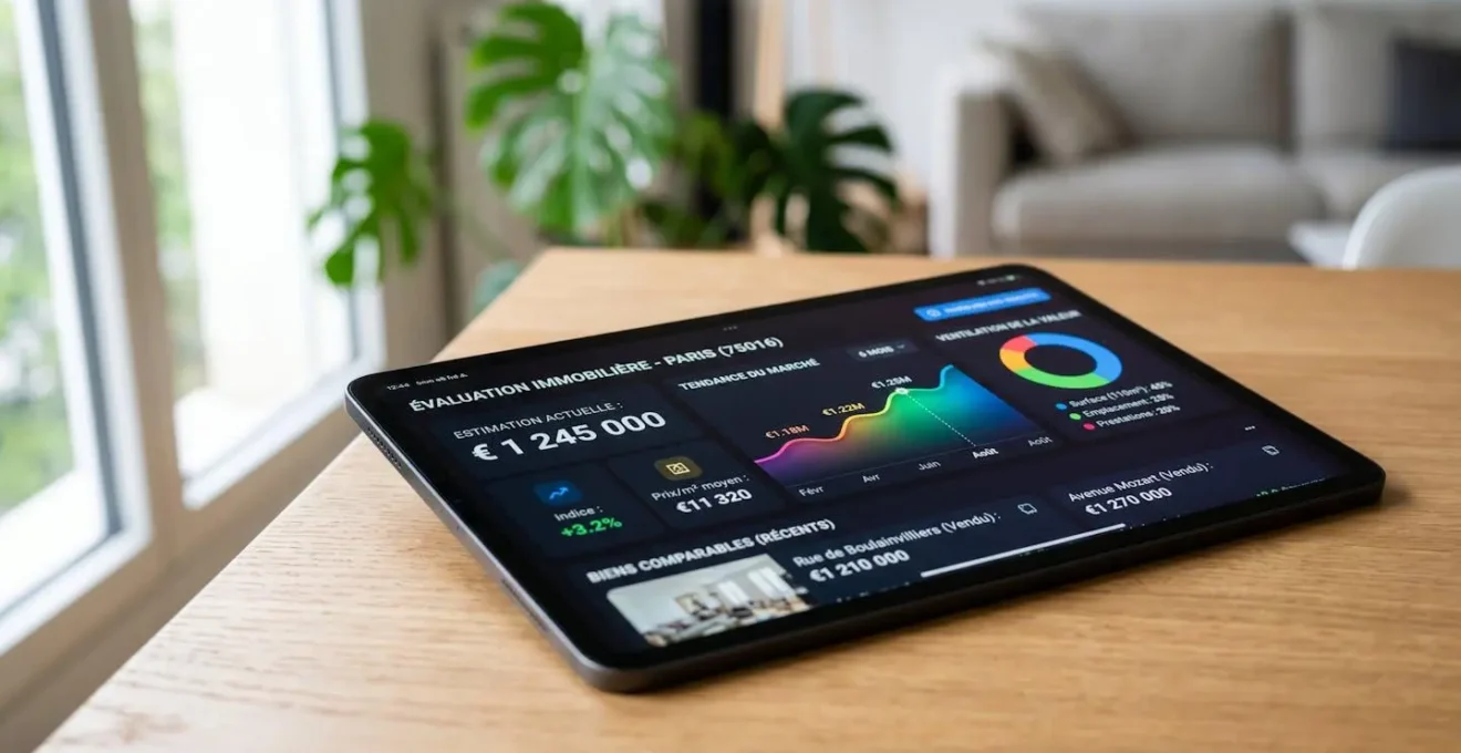 Gros plan sur une tablette posée sur un bureau moderne, affichant une interface d'estimation immobilière avec des graphiques colorés et des données chiffrées, dans un environnement lumineux et contemporain