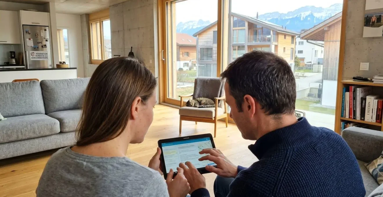 Un couple consulte ensemble une tablette dans un salon lumineux avec vue sur un paysage suisse par la fenêtre