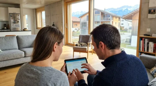 Un couple consulte ensemble une tablette dans un salon lumineux avec vue sur un paysage suisse par la fenêtre