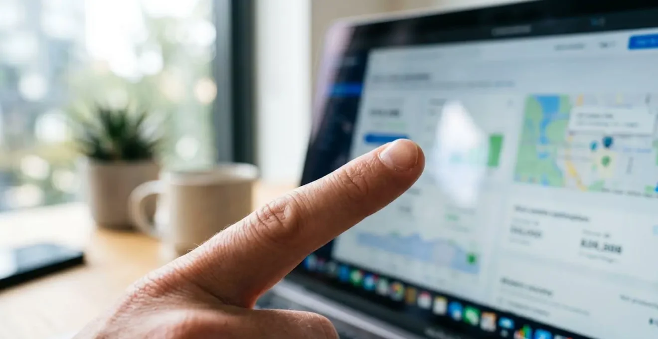 Gros plan sur un doigt pointant l'écran d'un ordinateur portable affichant une interface d'estimation immobilière floutée
