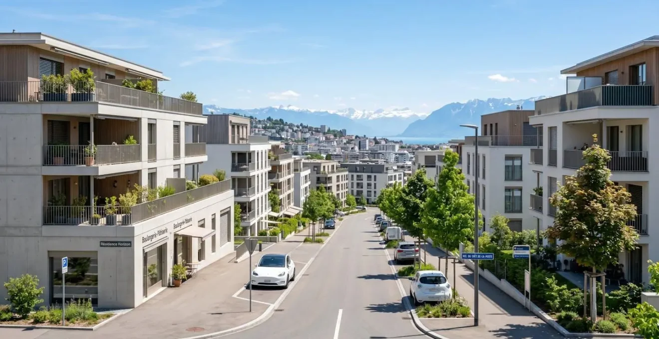 Vue en plongée d'une rue résidentielle contemporaine à Lausanne avec immeubles modernes typiques de Suisse romande